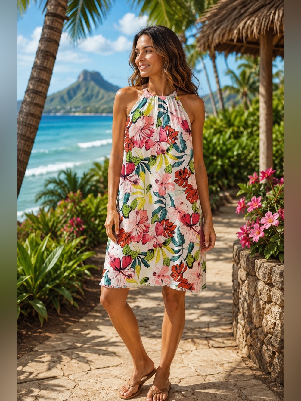 Tommy Bahama Hibis-Sketch Linen Halter Shift Dress Tropical Floral Size Large